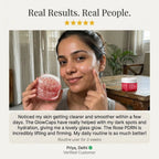 Woman applying skincare product with text about product benefits and customer review.