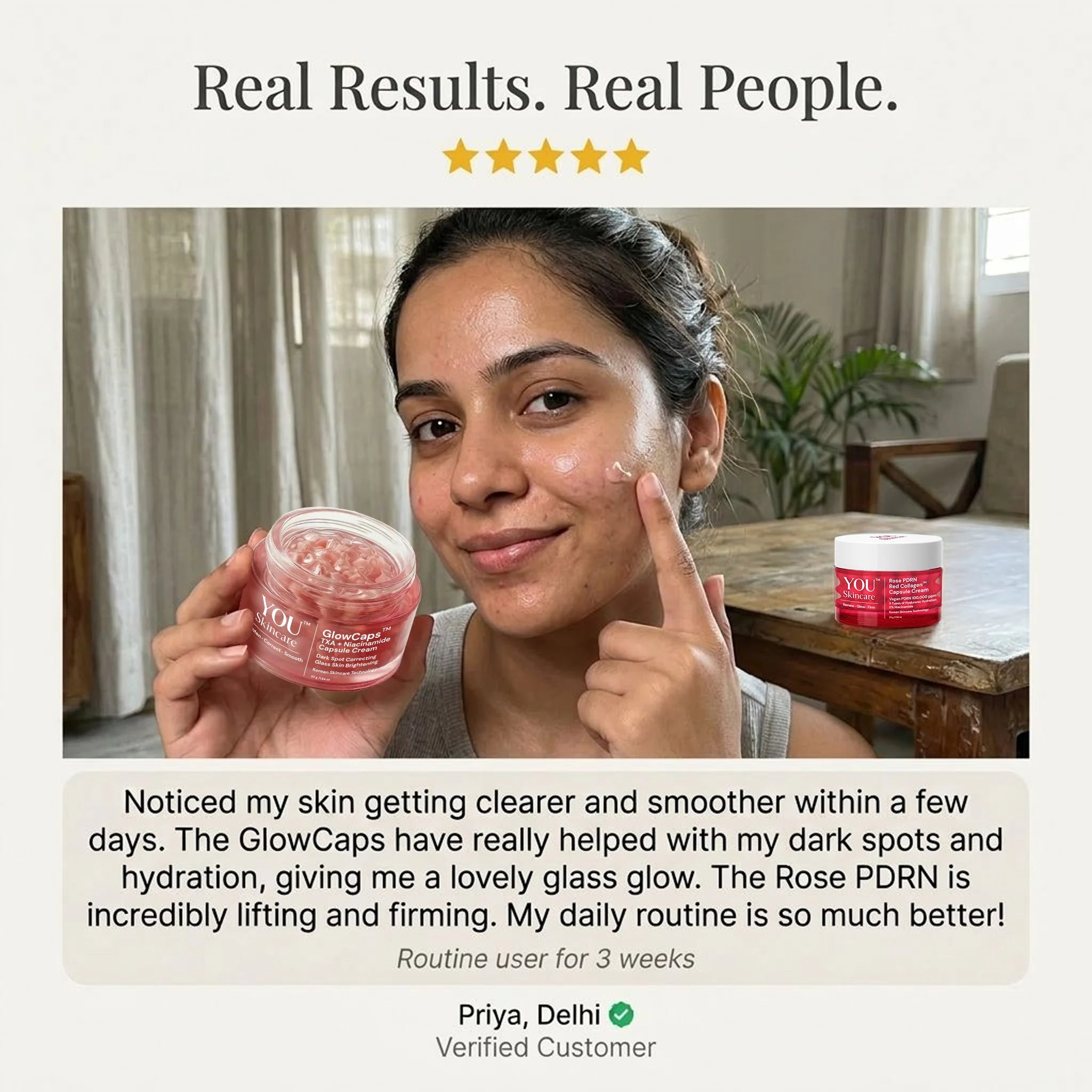 Woman applying skincare product with text about product benefits and customer review.