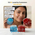 Woman holding jars of skincare products with customer reviews displayed above.