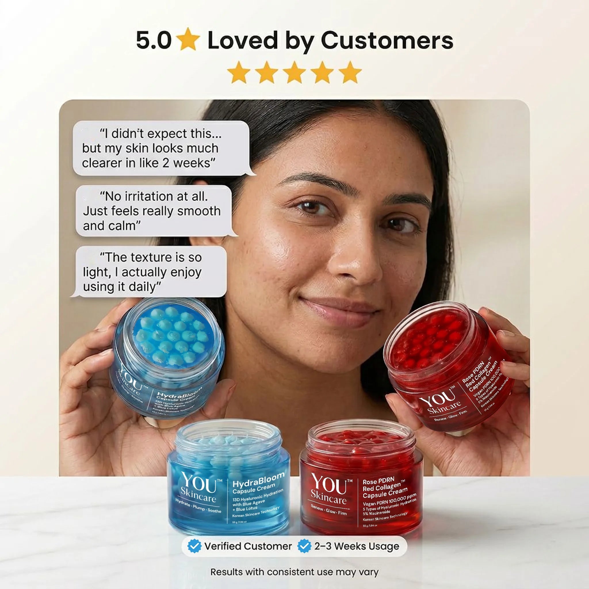 Woman holding jars of skincare products with customer reviews displayed above.