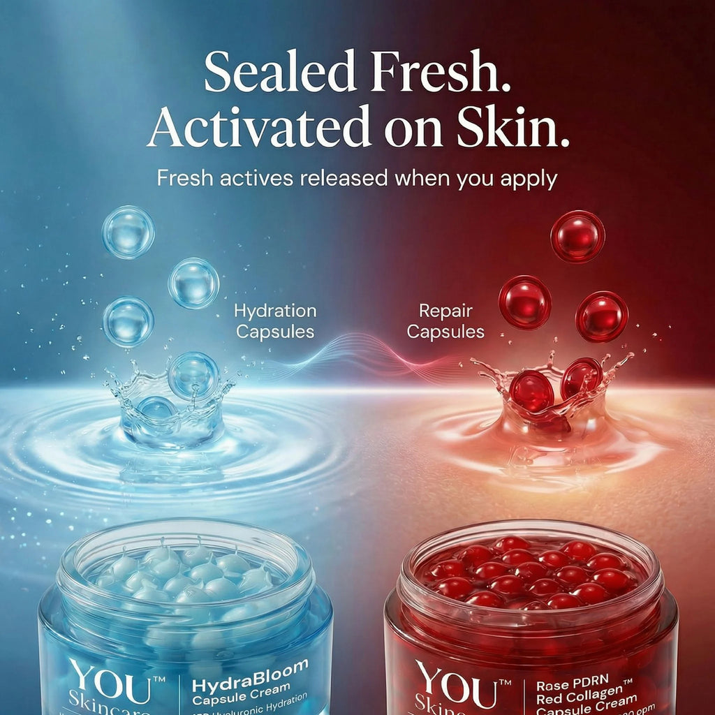 Two jars of skincare cream with hydration and repair capsules on a blue and red gradient background.