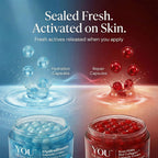 Two jars of skincare cream with hydration and repair capsules on a blue and red gradient background.