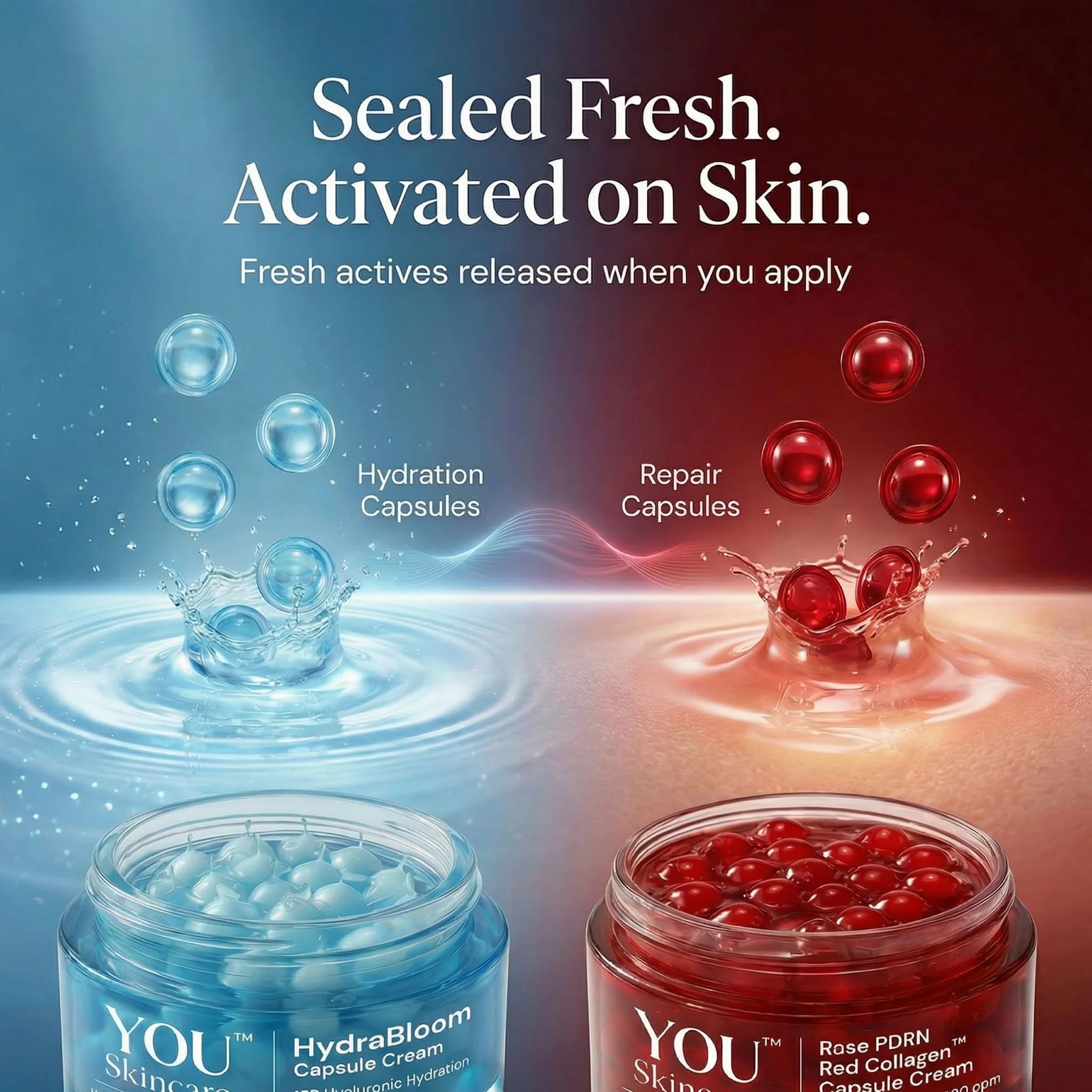 Two jars of skincare cream with hydration and repair capsules on a blue and red gradient background.