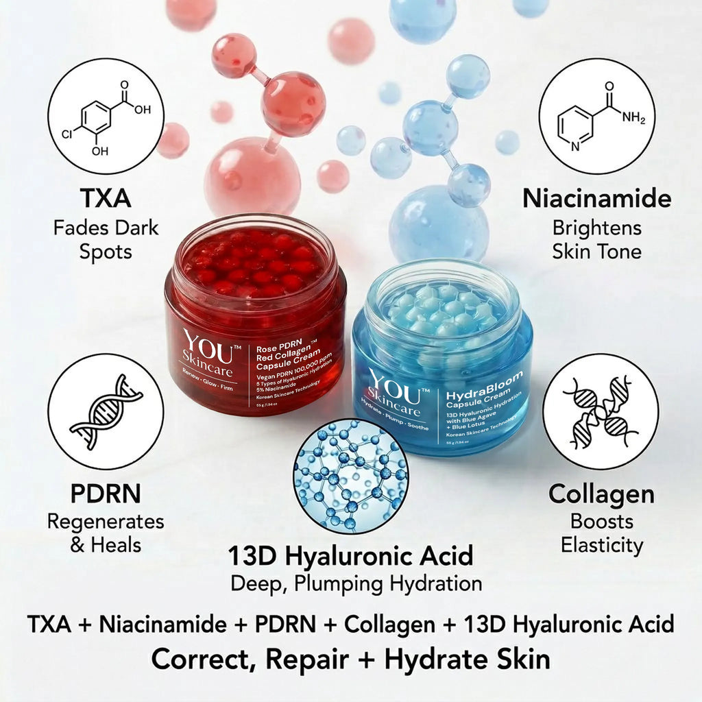 Two skincare jars with ingredients and their benefits displayed on a white background.