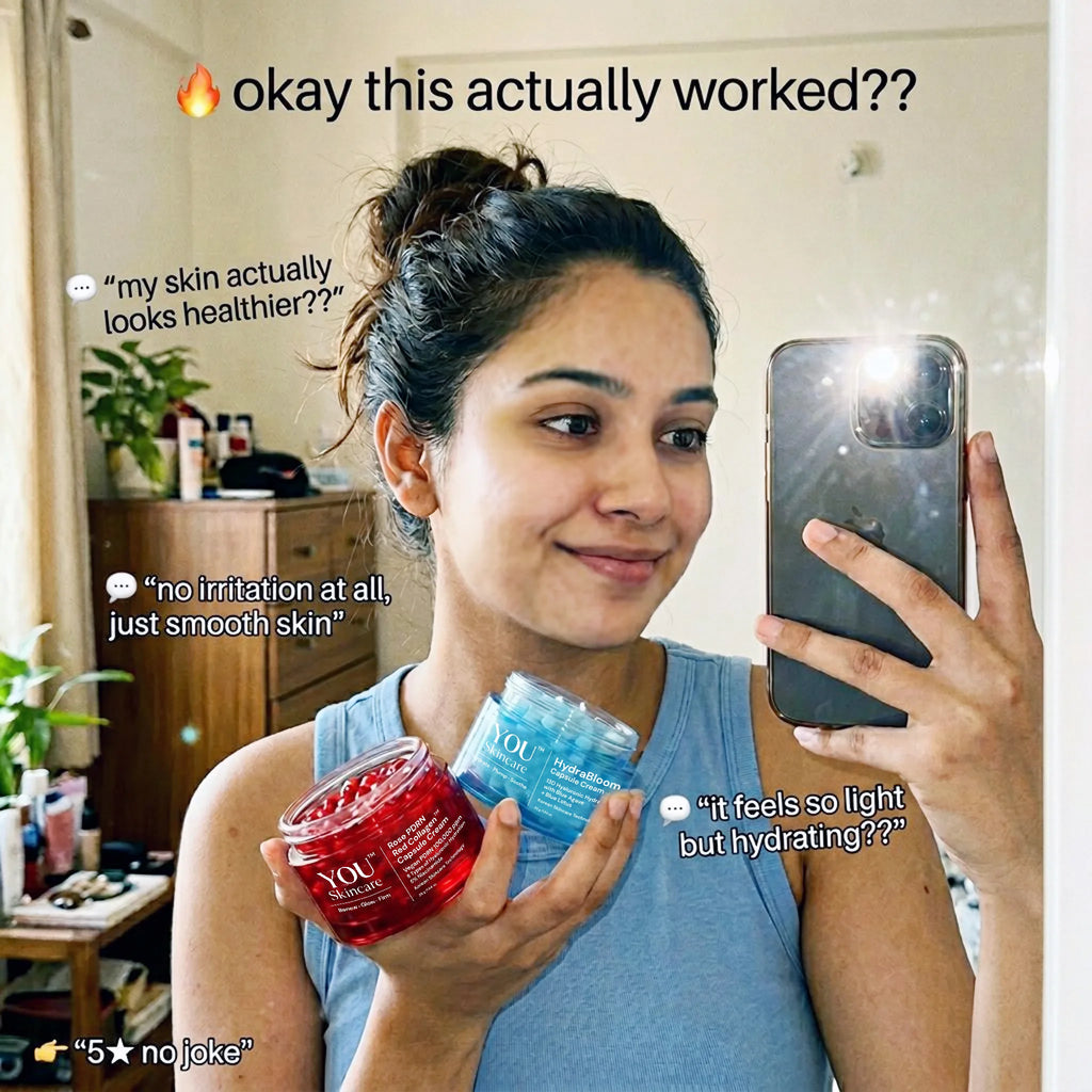 Woman holding skincare products and a phone, with text overlay about product effectiveness.