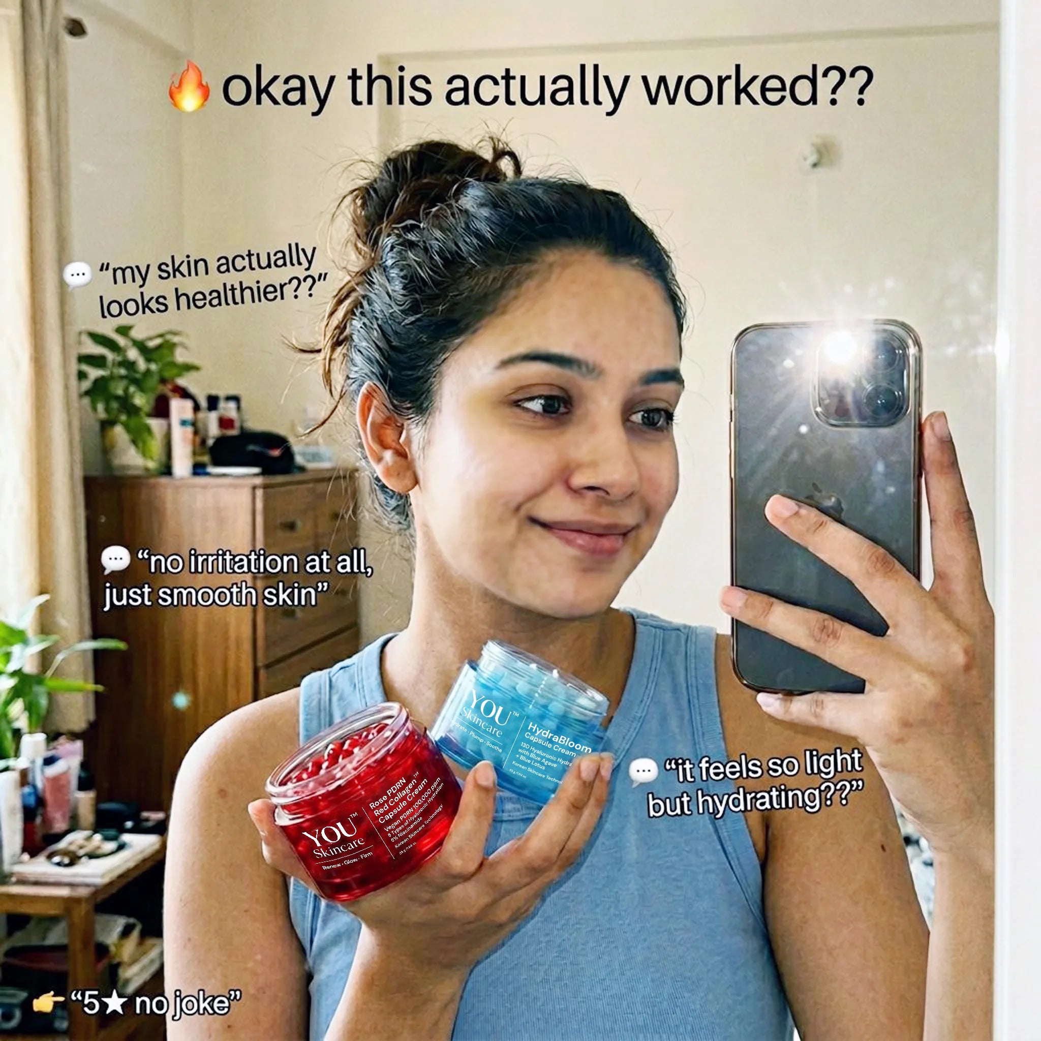 Woman holding skincare products and a phone, with text overlay about product effectiveness.