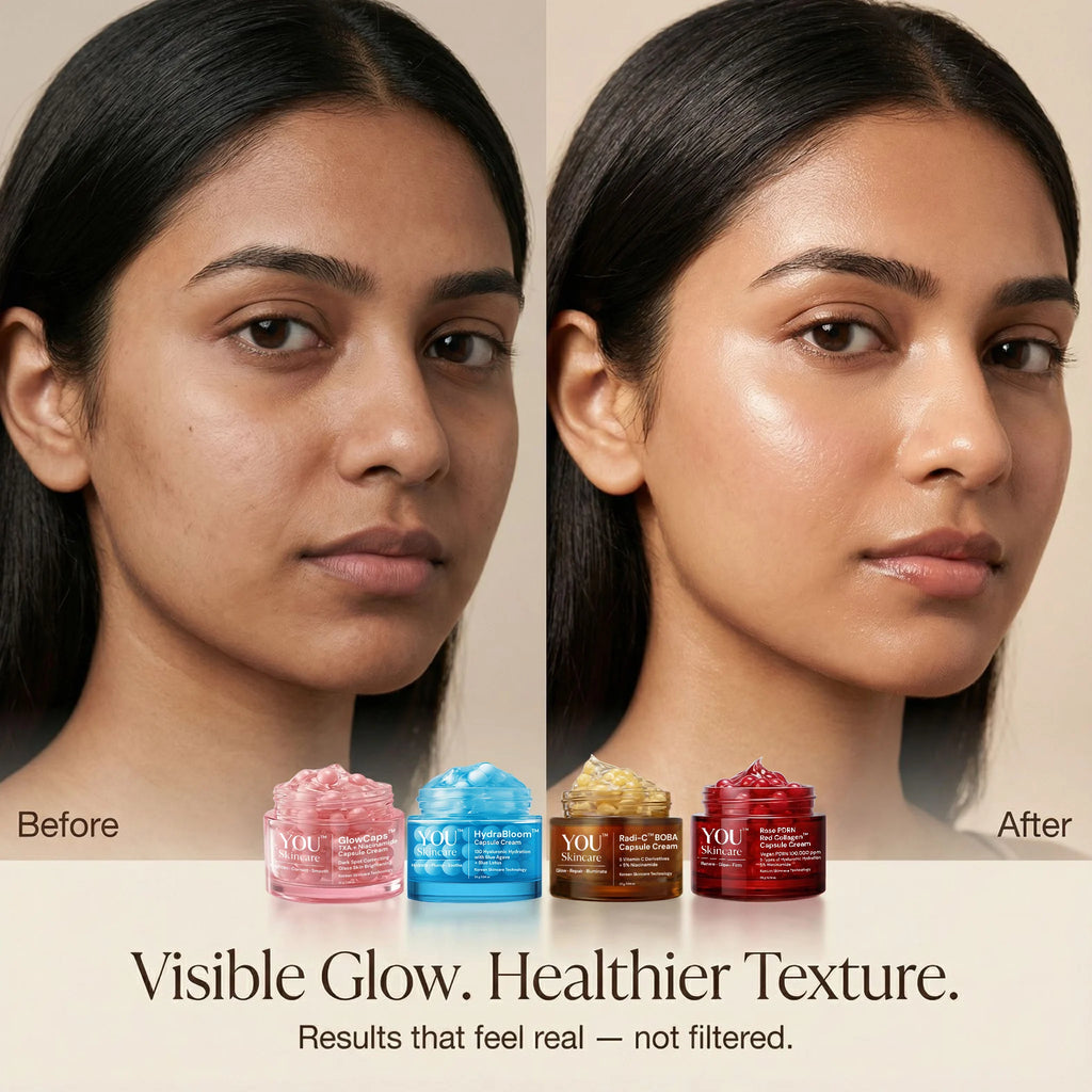 Before and after comparison of a woman's face with cosmetic jars labeled 'YOU' below.