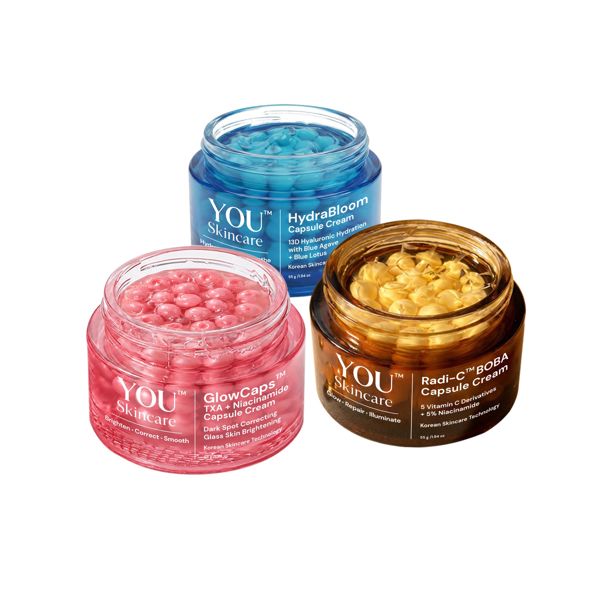 Four jars of YOU Skincare products on a white background