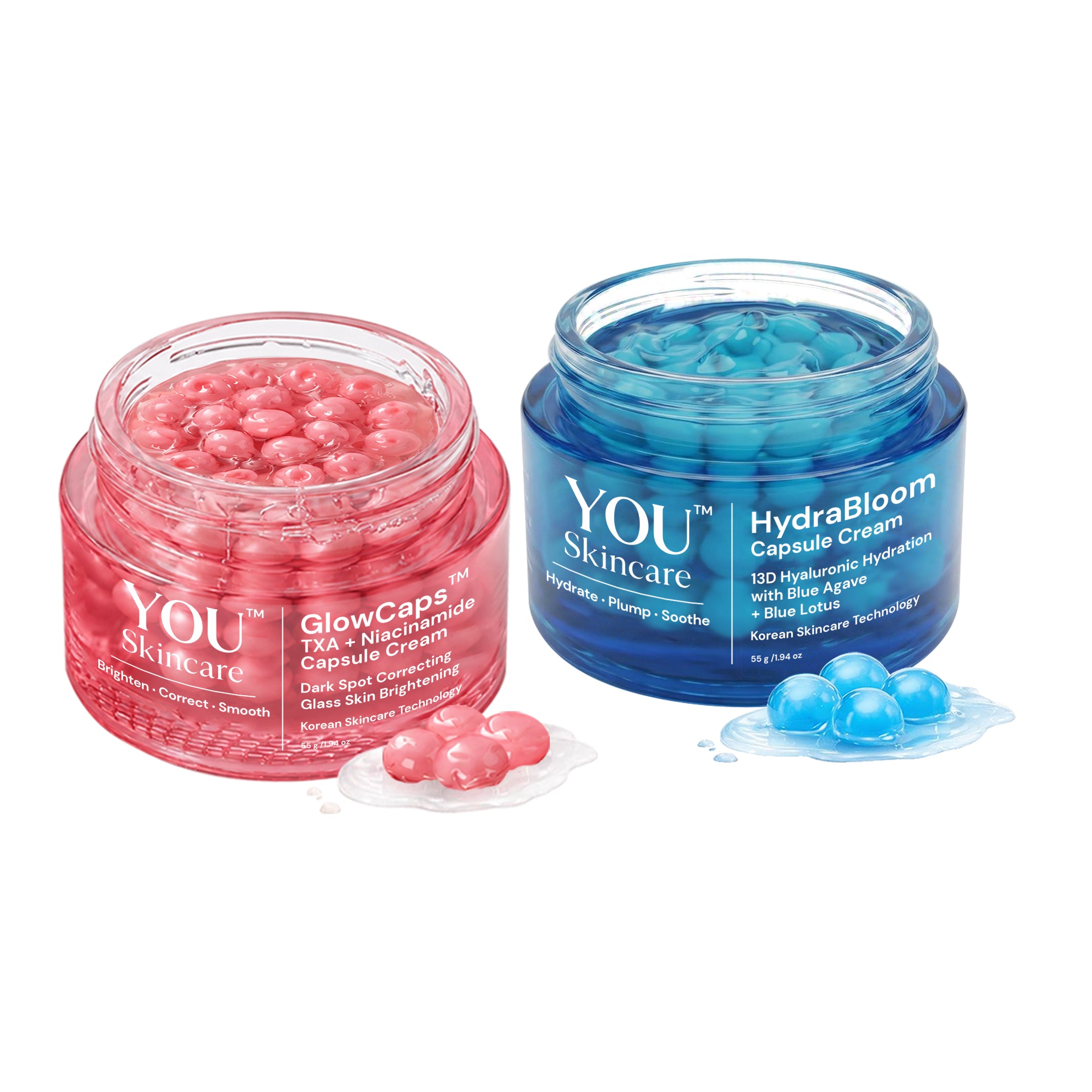 Two skincare jars, one pink and one blue, with visible 'YOU Skincare' branding on a white background.