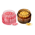 Two jars of YOU Skincare cream with pink and yellow capsules on a white background