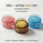 Three skincare cream jars with promotional text on a light background