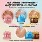 Skincare product advertisement with jars labeled 'Correct', 'Hydrate', and 'Repair & Brighten' on a light background.