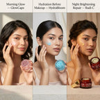 Three women applying different skincare products with product names above each.