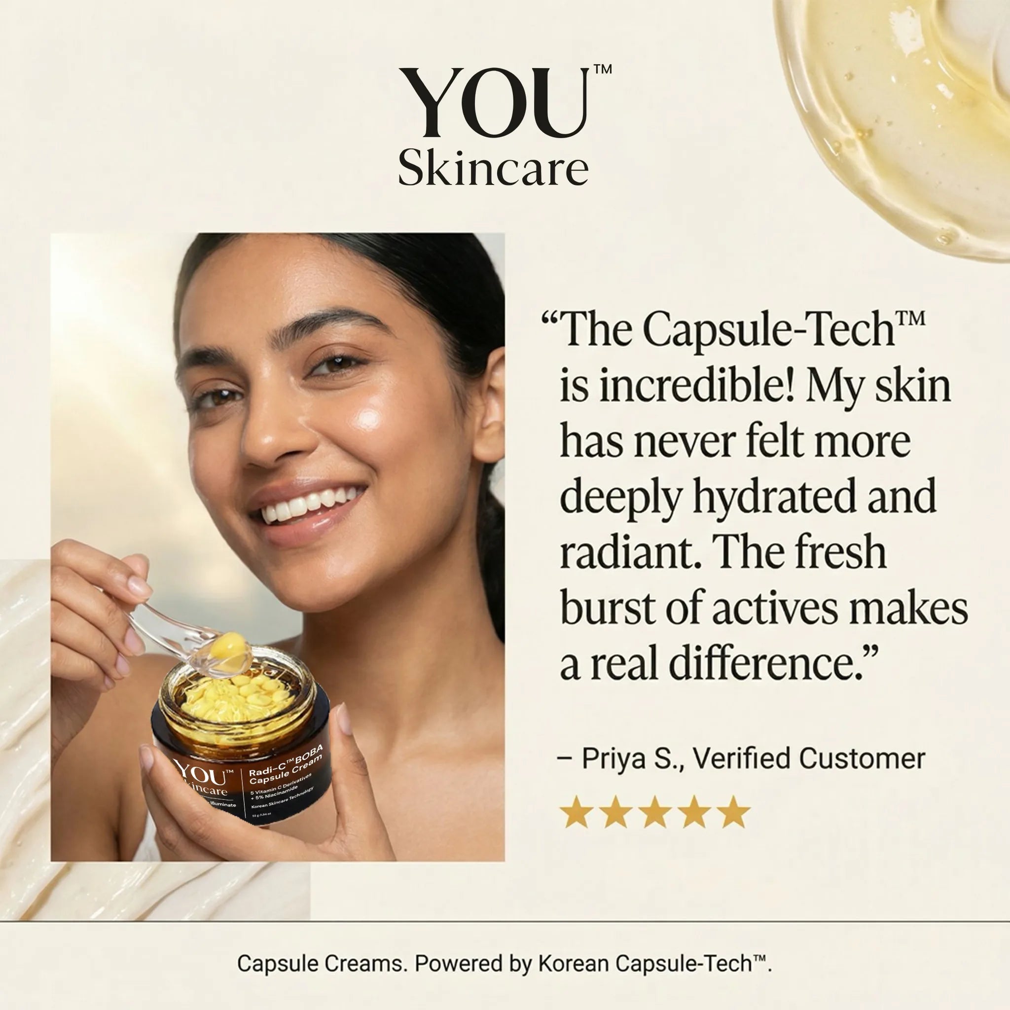 YOU Skincare advertisement with a woman holding a jar of skincare product and a customer review.
