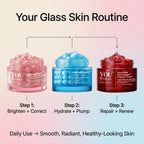 Three skincare cream jars with a 'Your Glass Skin Routine' diagram on a gradient background.
