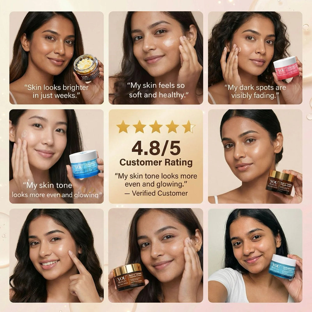 Collage of women using skincare products with positive feedback and a customer rating.