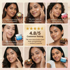 Collage of women using skincare products with positive feedback and a customer rating.