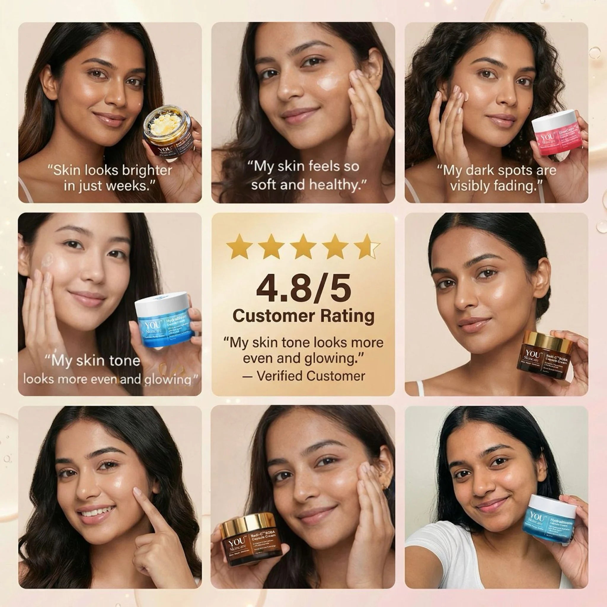Collage of women using skincare products with positive feedback and a customer rating.