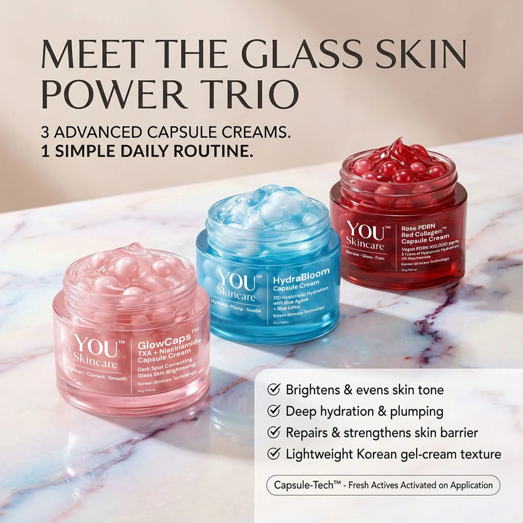 Three skincare cream jars with text highlighting features on a marble surface