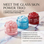 Three skincare cream jars with text highlighting features on a marble surface