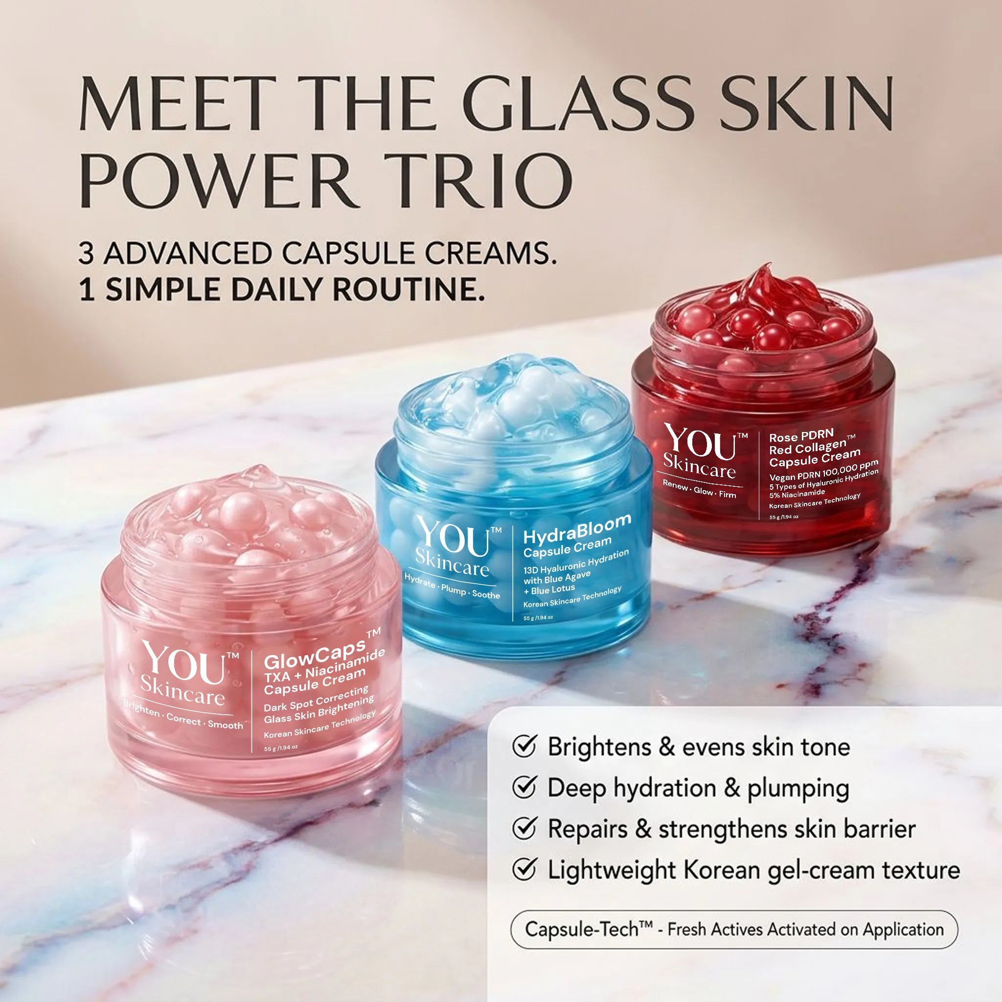 Three skincare cream jars with text highlighting features on a marble surface