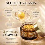 YOU Skincare Radi-C BOBA Capsule Cream infographic - 3 systems in 1 capsule: Brightening with 5 Vitamin C Derivatives, Niacinamide and Ferulic Acid; Hydration with HA Complex and Vitamin E; Barrier support with Ceramides - Korean Capsule Technology for Indian skin