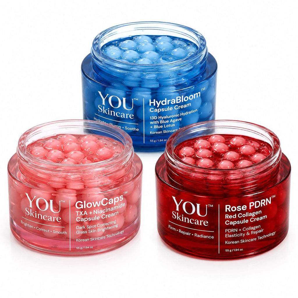 Three open cosmetic capsule jars on a white background: a blue jar labeled HydraBloom Capsule Cream in the back, and two pink/red jars in front labeled GlowCaps and Rose PDRN capsules.