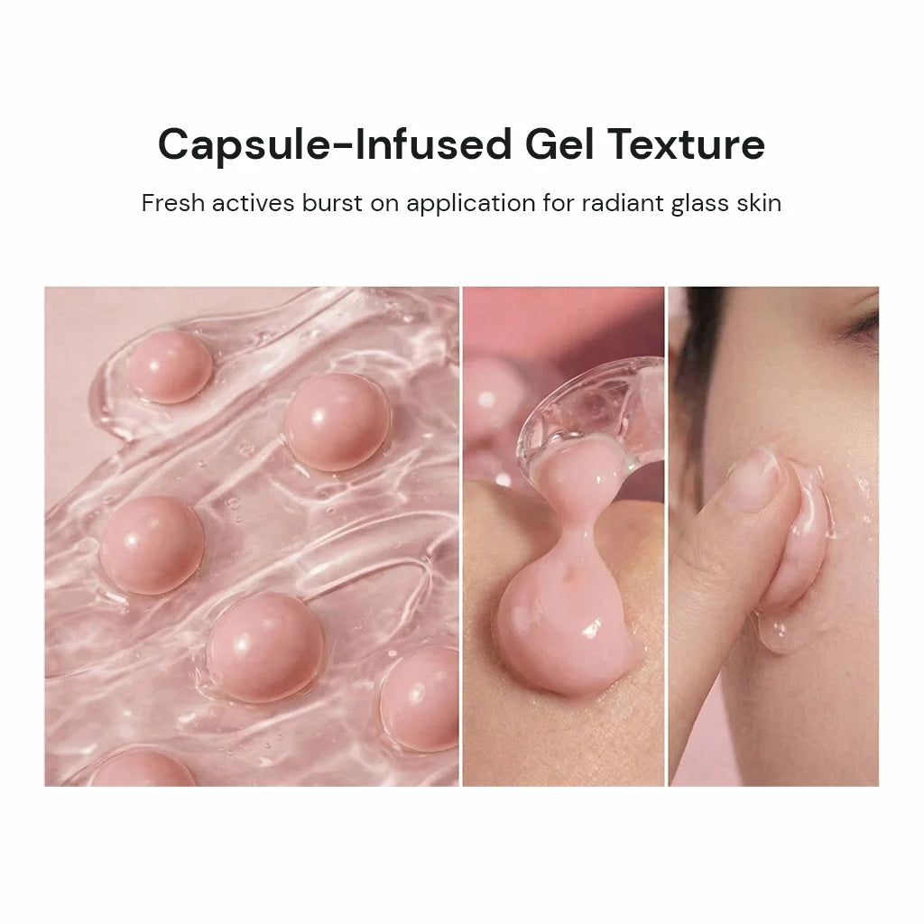 capsule infused gel cream texture with bursting capsules releasing fresh actives for hydration and radiant glass skin