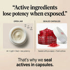 Comparison of traditional open jar cream vs capsule skincare technology showing how active ingredients lose potency with air, light and heat vs sealed capsules by YOU Skincare