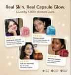 Promotional graphic for skincare products with user testimonials and product images.