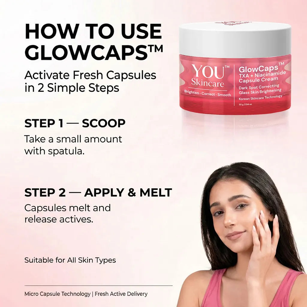 how to use capsule cream showing scoop and apply steps where capsules melt and release fresh active ingredients for skin