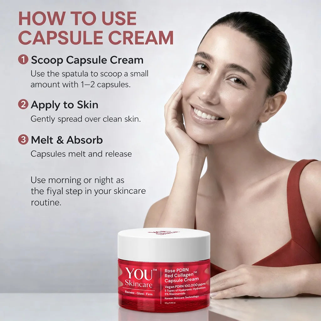 How to use capsule cream by scooping capsules, applying on skin and letting it melt for hydration and glow as final step in skincare routine by YOU Skincare