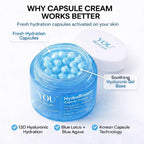 HydraBloom capsule cream open jar showing hyaluronic hydration capsules in soothing gel base using Korean capsule technology for intense moisture and skin barrier support by YOU Skincare India