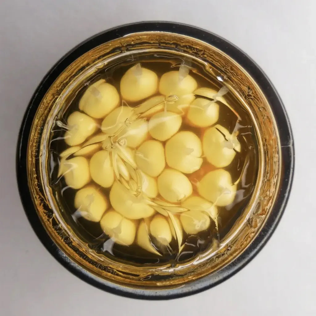 top view of vitamin C capsule cream jar showing multiple capsules inside gel formula for stability and freshness