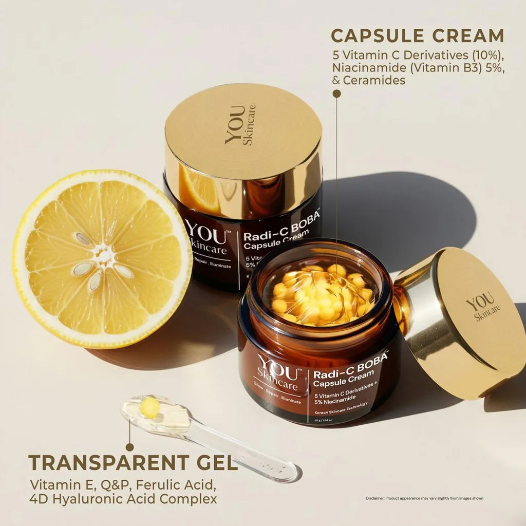 Radi-C capsule cream showing vitamin C capsules with niacinamide ceramides and transparent gel formula for stable brightening skincare
