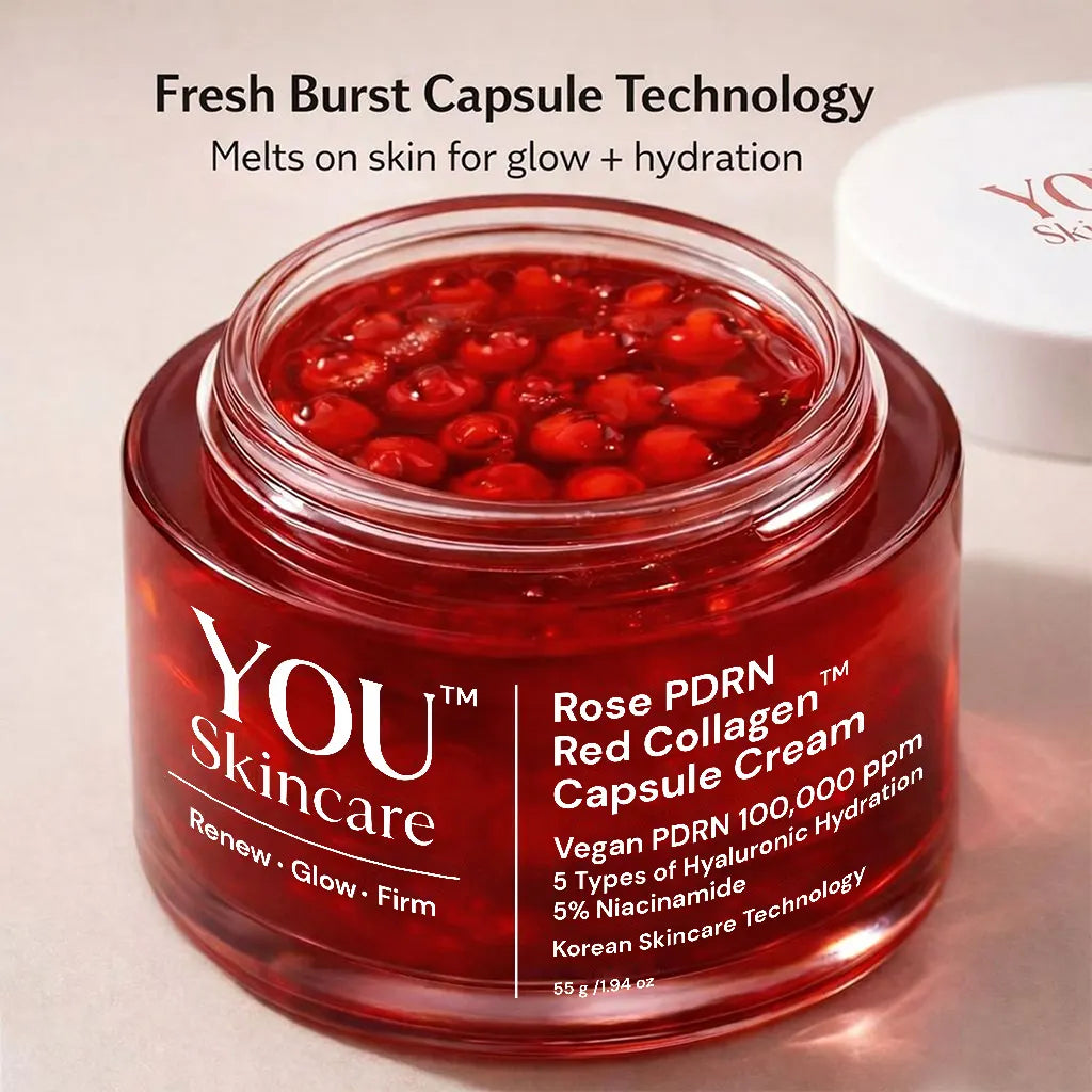 Close-up texture of Rose PDRN Red Collagen Capsule Cream showing capsule burst hydration and glow-enhancing gel formula by YOU Skincare