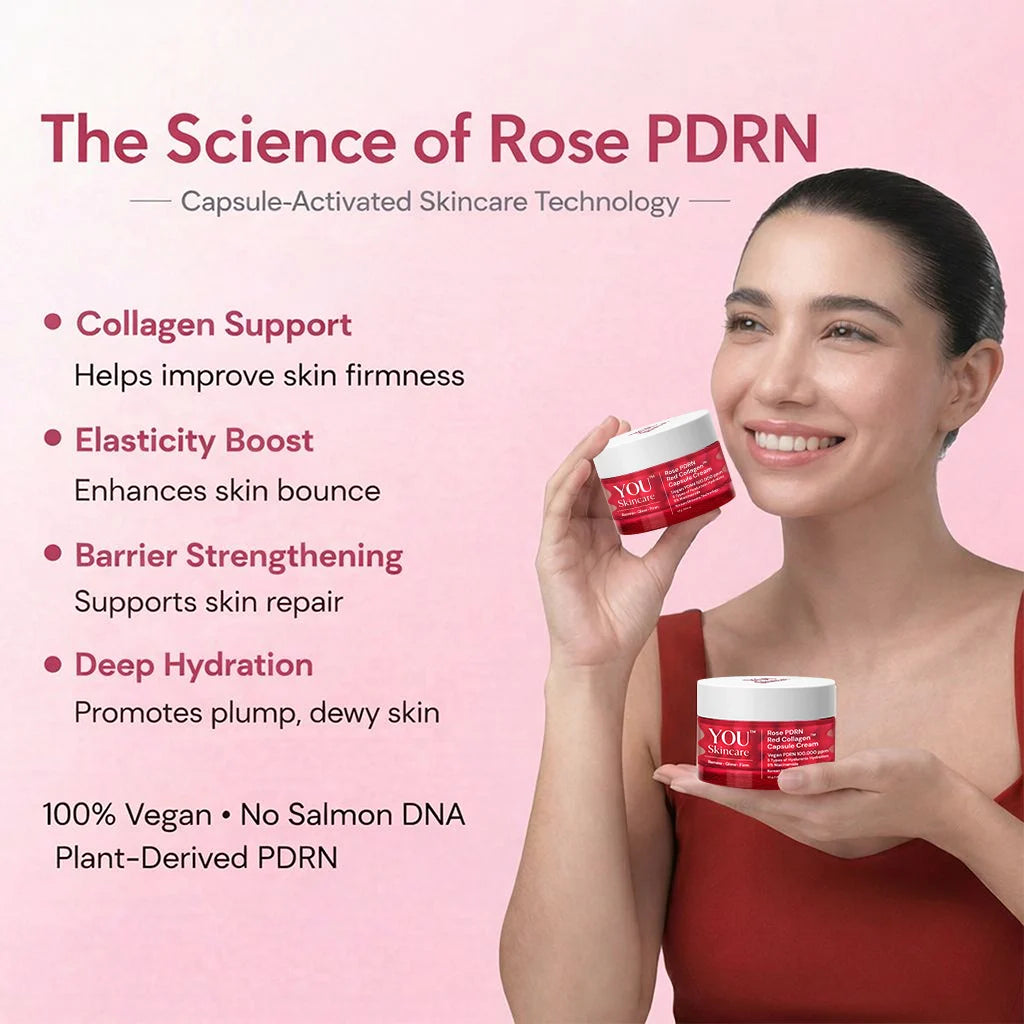 Benefits of Rose PDRN capsule cream including collagen support, elasticity boost, barrier repair and deep hydration for glowing skin by YOU Skincare India