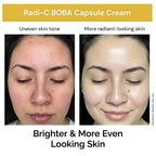 before and after using vitamin C capsule cream showing improvement in uneven skin tone and more radiant looking skin