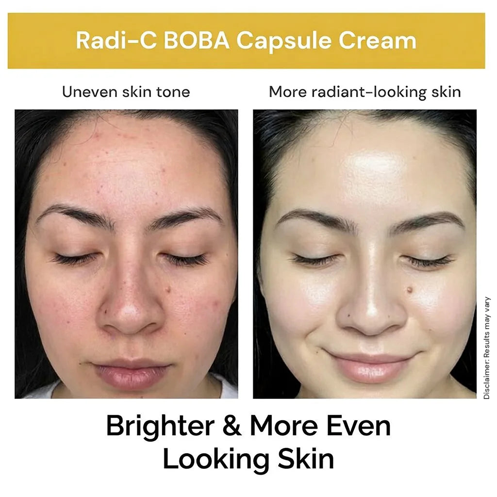 before and after using vitamin C capsule cream showing improvement in uneven skin tone and more radiant looking skin
