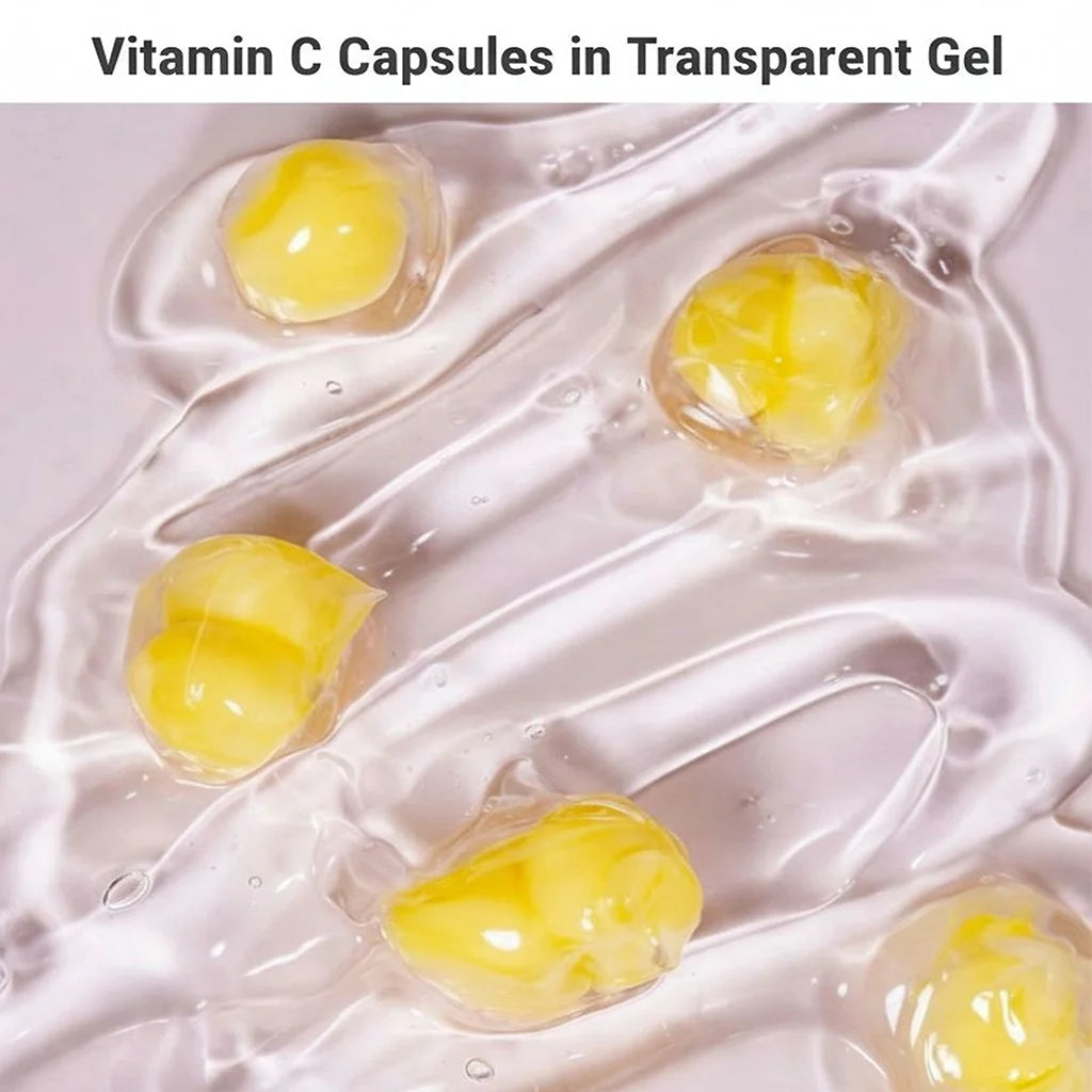 close up of vitamin C capsules suspended in transparent gel showing capsule skincare technology for fresh active delivery